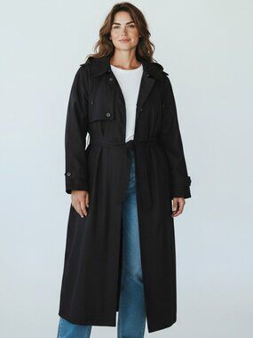 London Fog 3X Reg Black Duster-Style Trench Coat with Detachable Hood & Belt